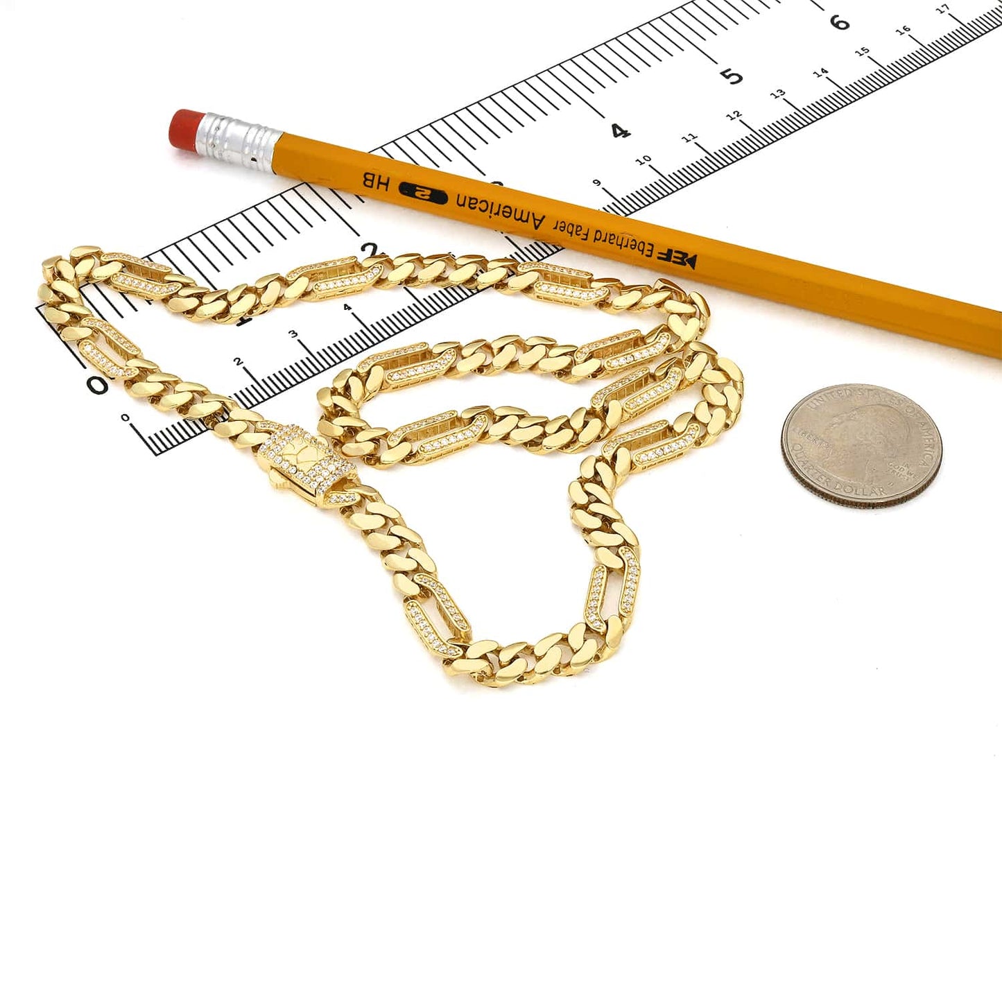 14K Gold CZ 7mm Figaro Miami Cuban Chain Necklace 16"-18"