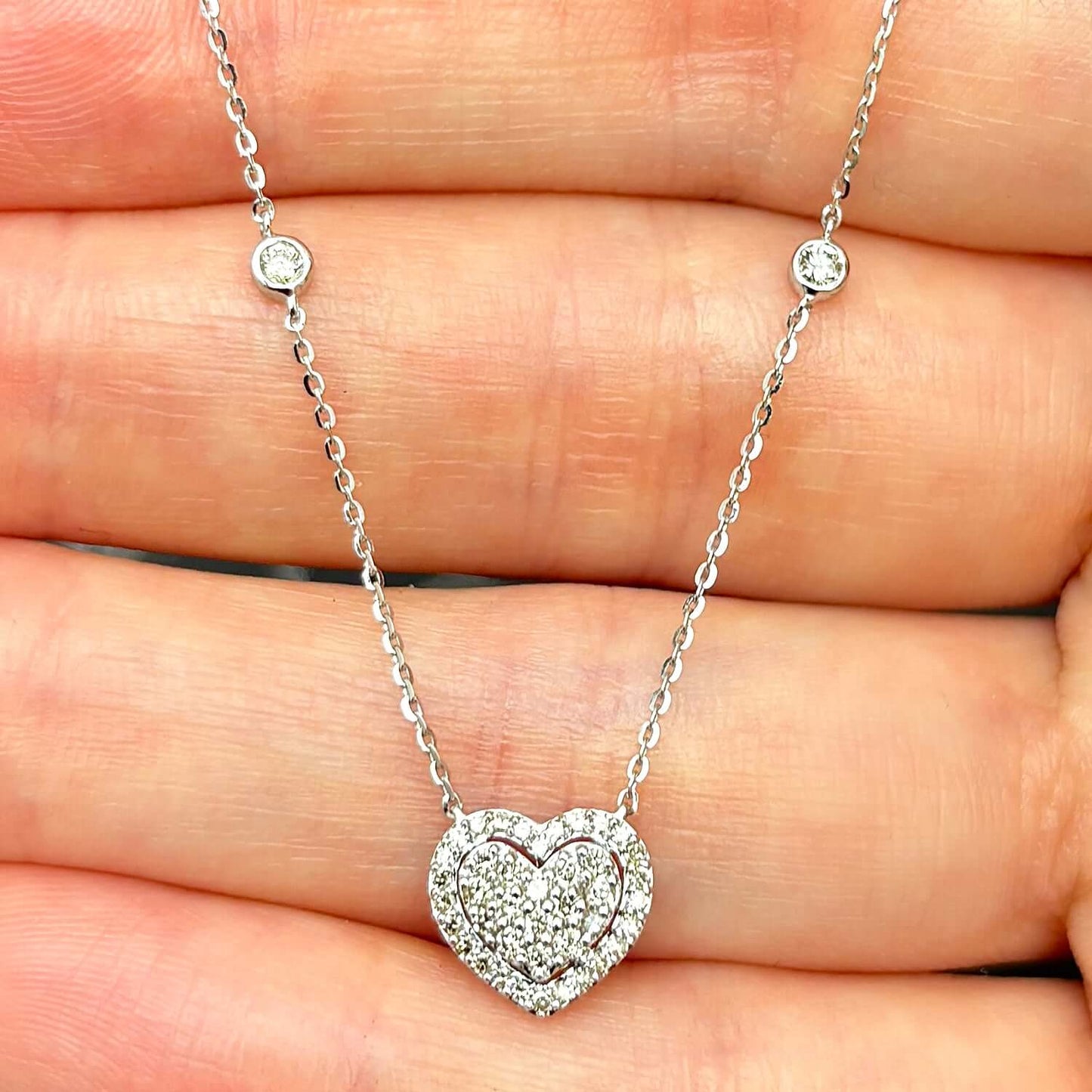 Real Diamond 10K Gold Yellow White By The Yard Heart Pendant Necklace 18"
