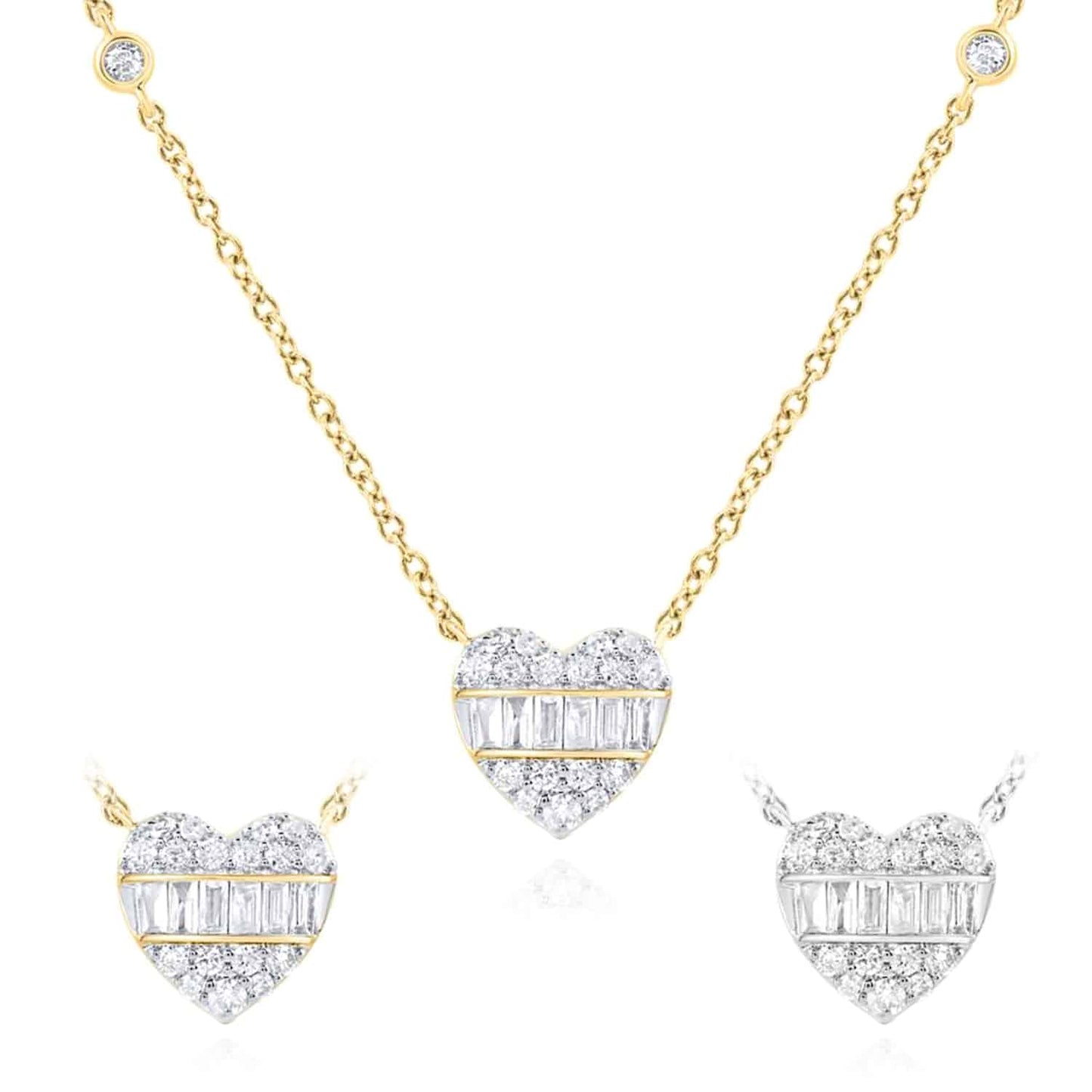 0.25CTW Real Diamond 10K Gold Yellow White Baguette Heart Pendant Necklace