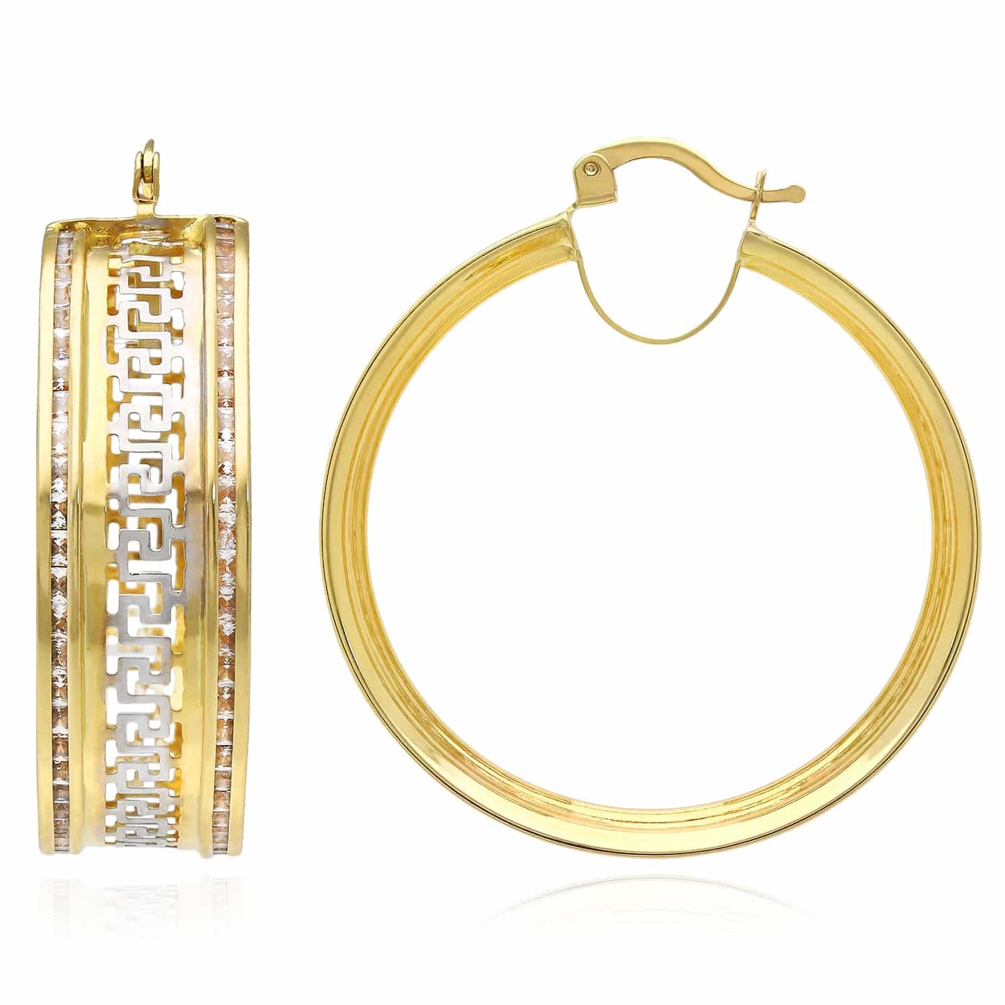 14K Gold CZ Channel-Set All Around Greek Key Hoop Earrings