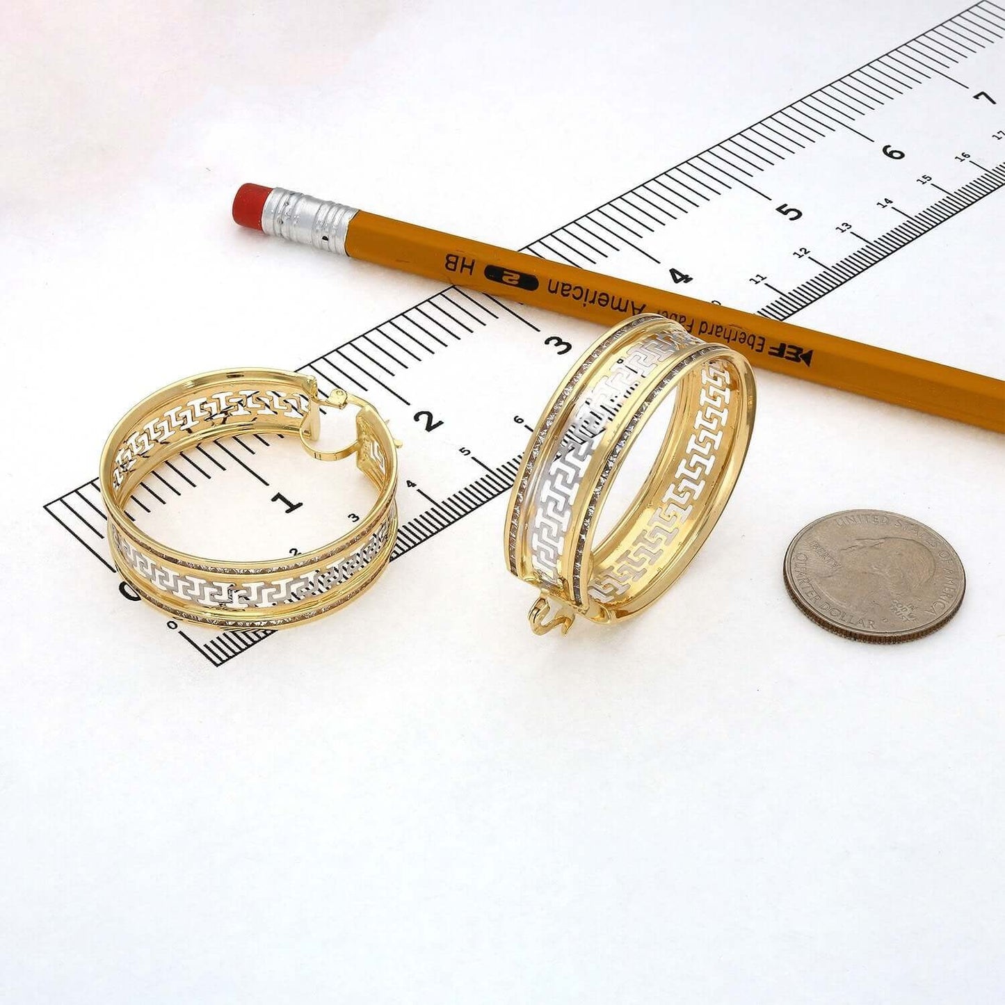 14K Gold CZ Channel-Set All Around Greek Key Hoop Earrings