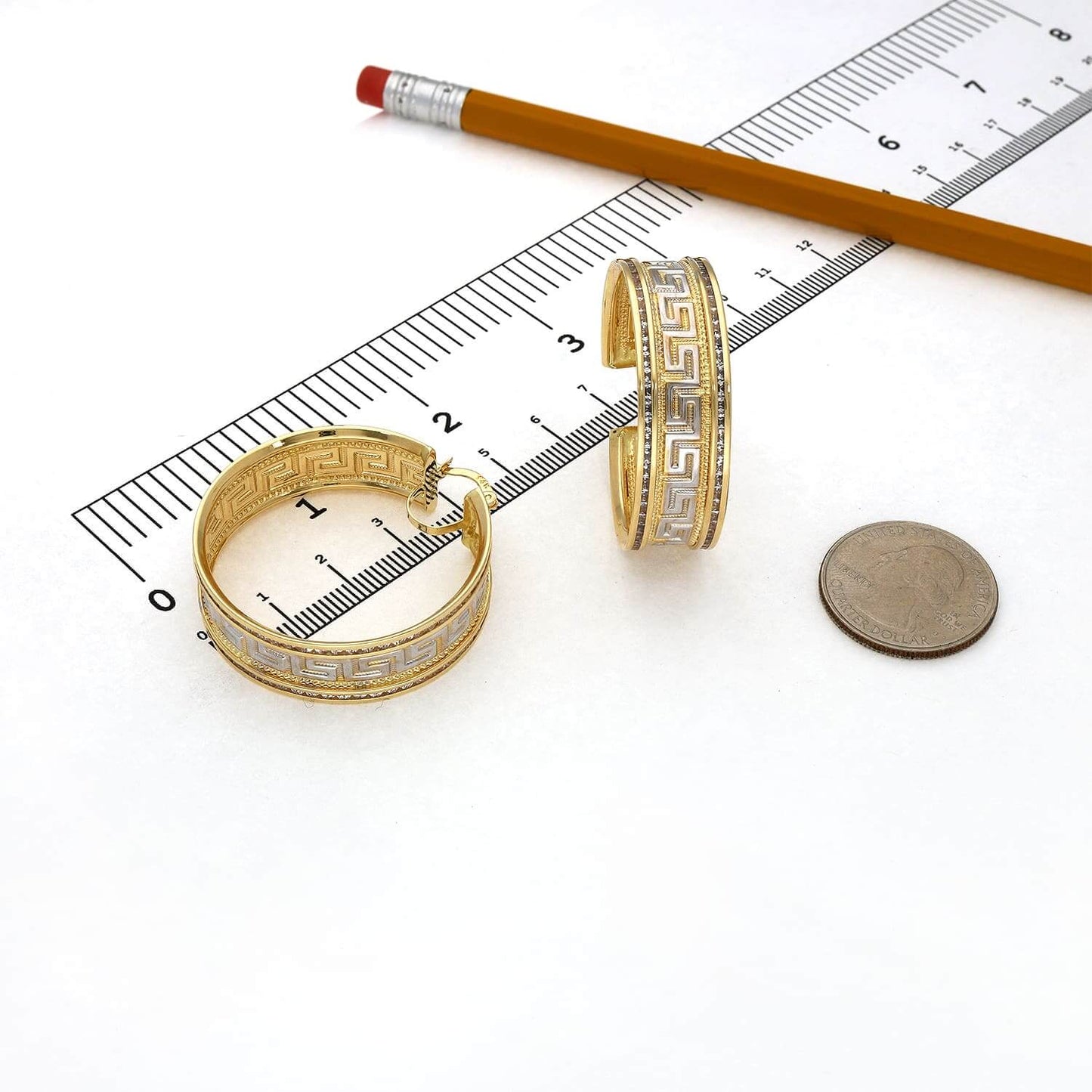 14K Gold CZ Channel-Set All Around Greek Key Hoop Earrings