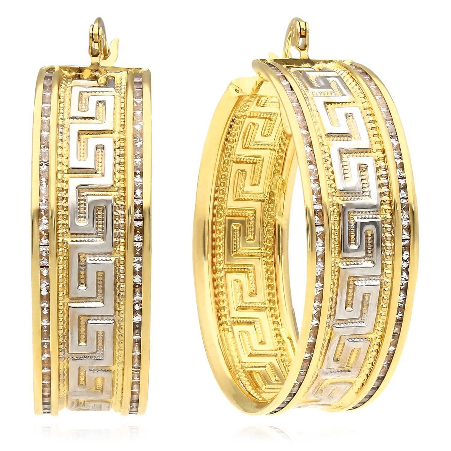 14K Gold CZ Channel-Set All Around Greek Key Hoop Earrings