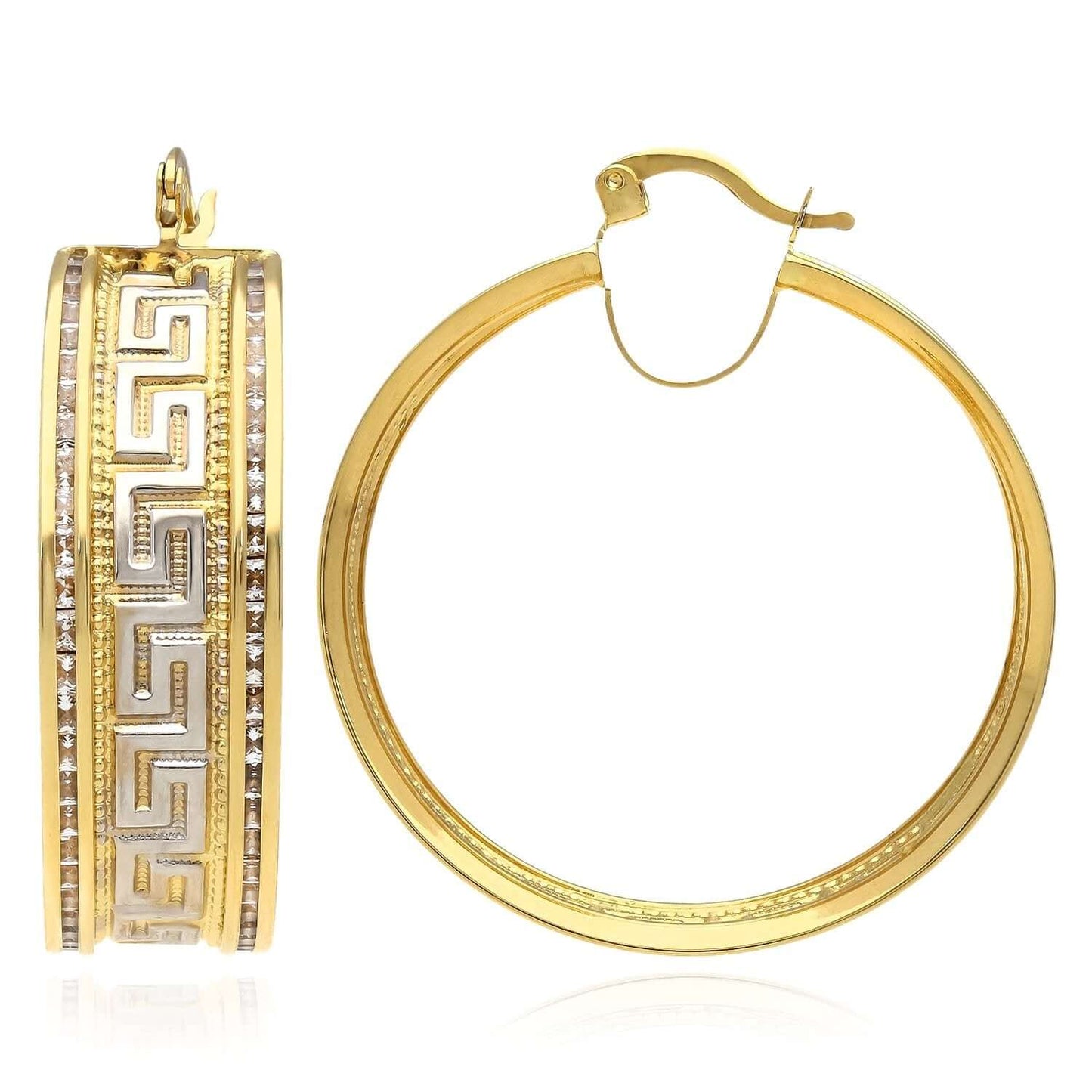 14K Gold CZ Channel-Set All Around Greek Key Hoop Earrings