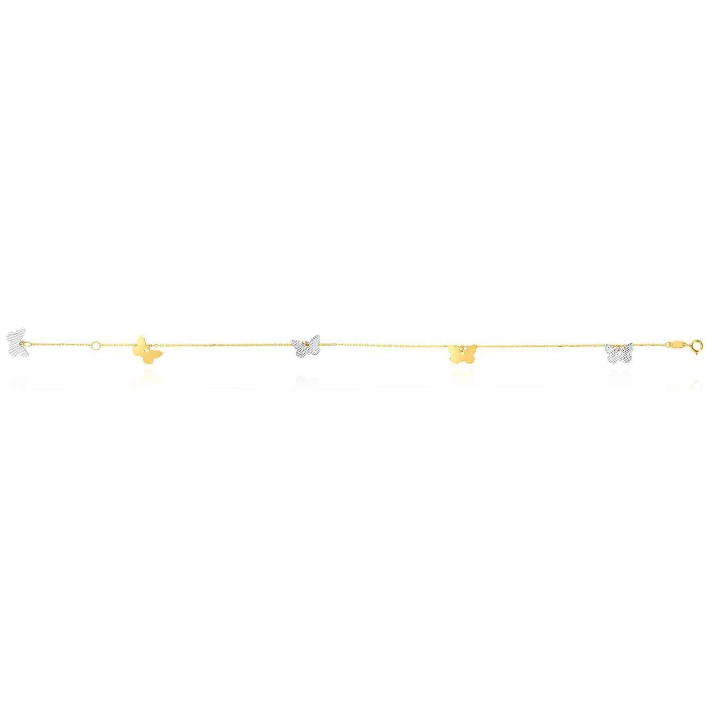 14K Gold Two-Tone Yellow White Butterfly Anklet Bracelet 10"