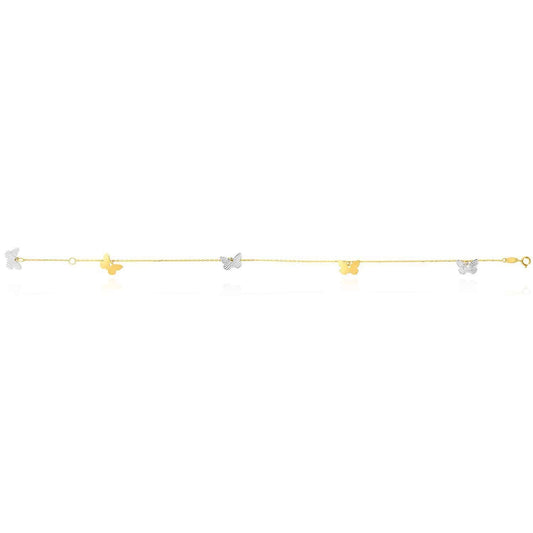 14K Gold Two-Tone Yellow White Butterfly Anklet (Hollow) 10"