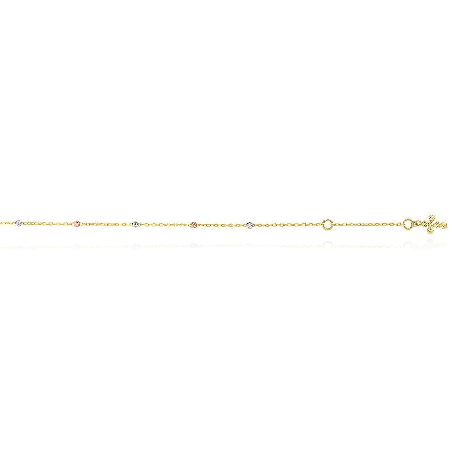 14K Gold Tri-Color Diamond-Cut Bead Station Dangle Cross Anklet Bracelet 10"