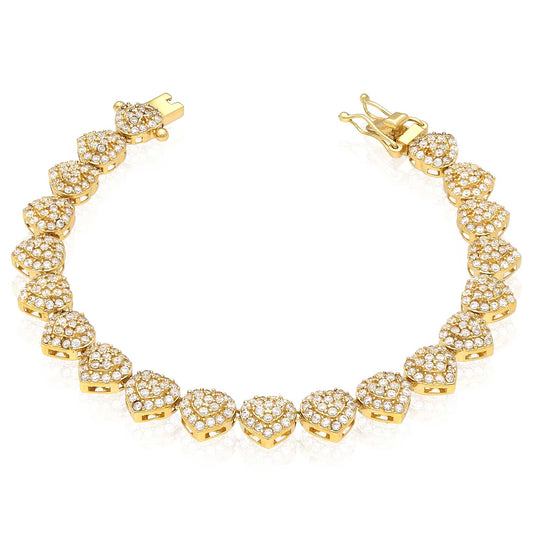 14K Yellow Gold CZ Heart Cluster Tennis Bracelet 6.75"