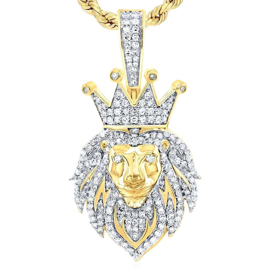 0.62CTW Natural Diamond 10K Gold Crown Lion Face Pendant 1.4"