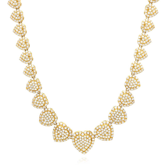 14K Yellow Gold CZ Graduated Heart Cluster Tennis Necklace 18"