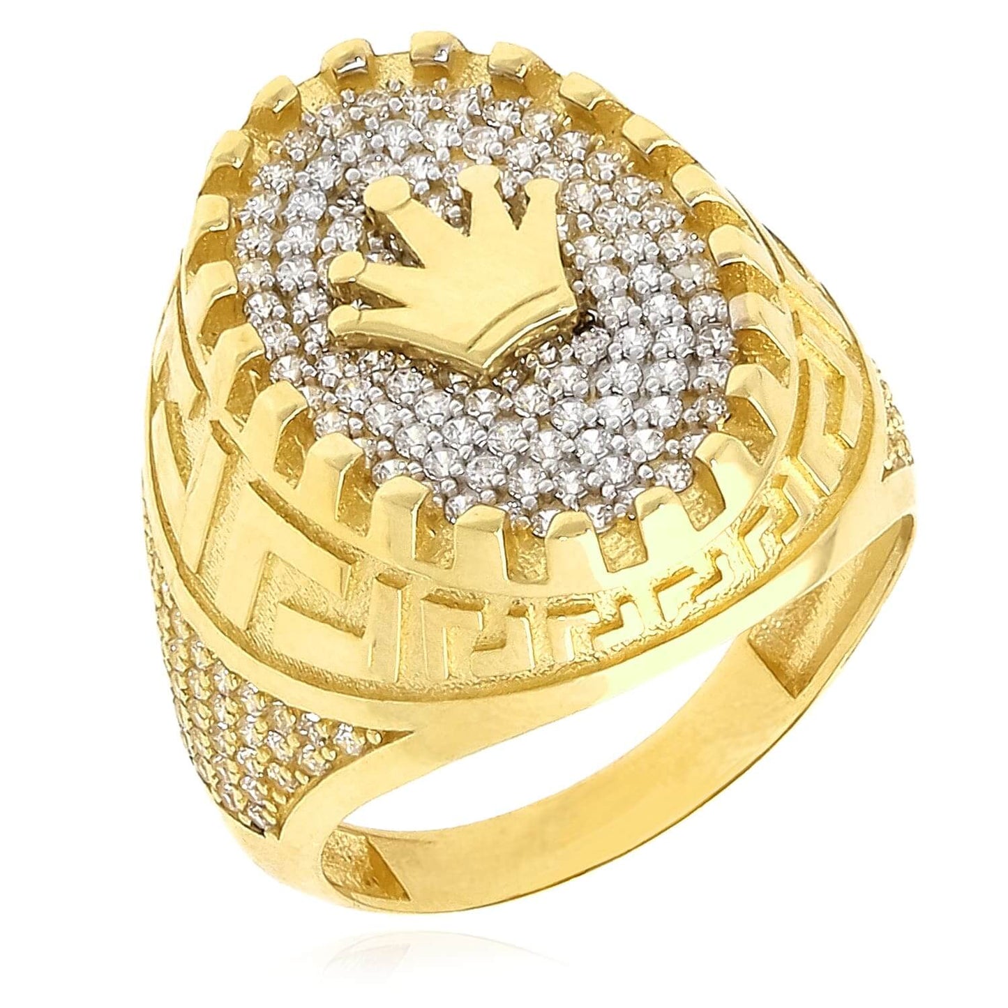 14K Gold Yellow CZ Royal Crown Greek Key Signet Ring