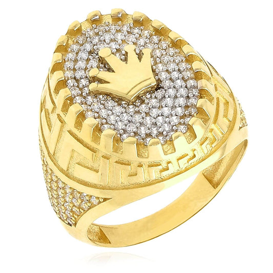 14K Yellow Gold CZ Royal Crown Greek Key Signet Ring