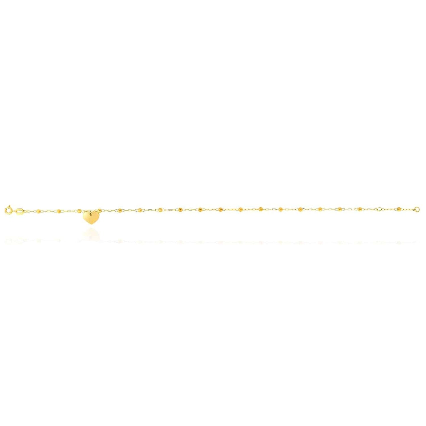 14K Gold Yellow Cable Dangle Heart Disc Bead Station Anklet Bracelet 10"