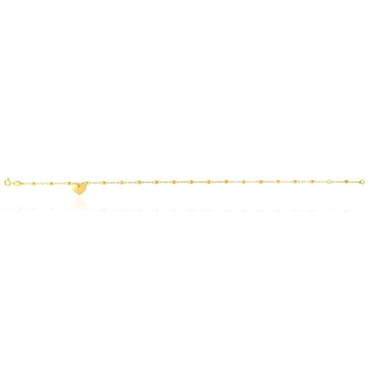 14K Yellow Gold Cable Dangle Heart Disc Bead Station Anklet (Hollow) 10"