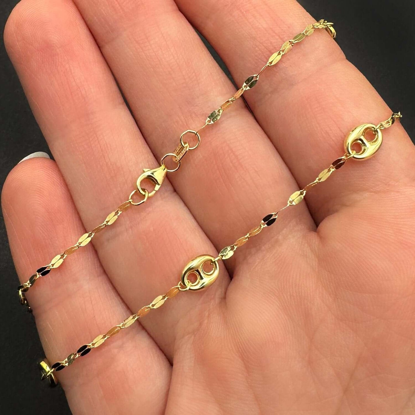 14K Gold Yellow Mirror Puffed Anchor Mariner Station Anklet Bracelet 10"