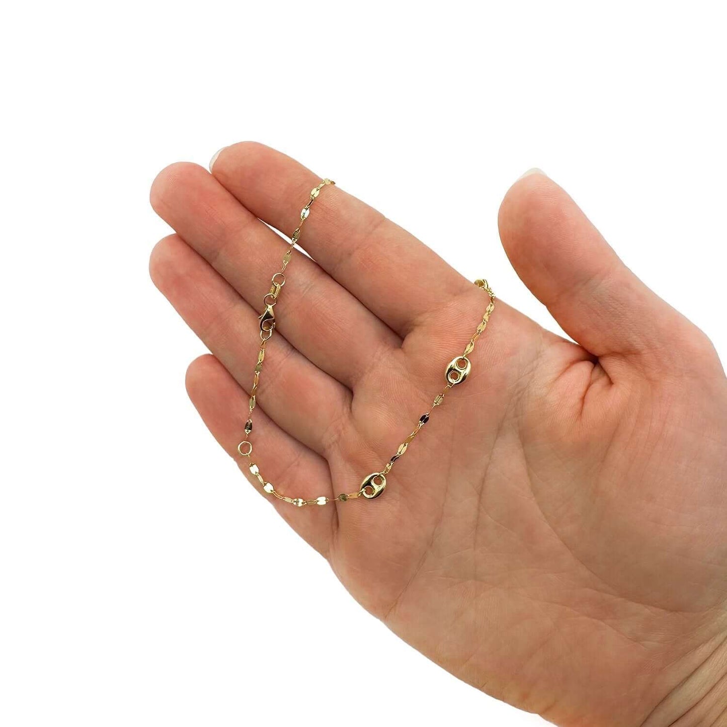 14K Gold Yellow Mirror Puffed Anchor Mariner Station Anklet Bracelet 10"