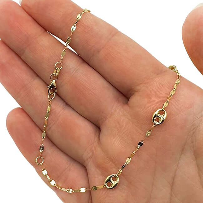 14K Gold Yellow Mirror Puffed Anchor Mariner Station Anklet Bracelet 10"