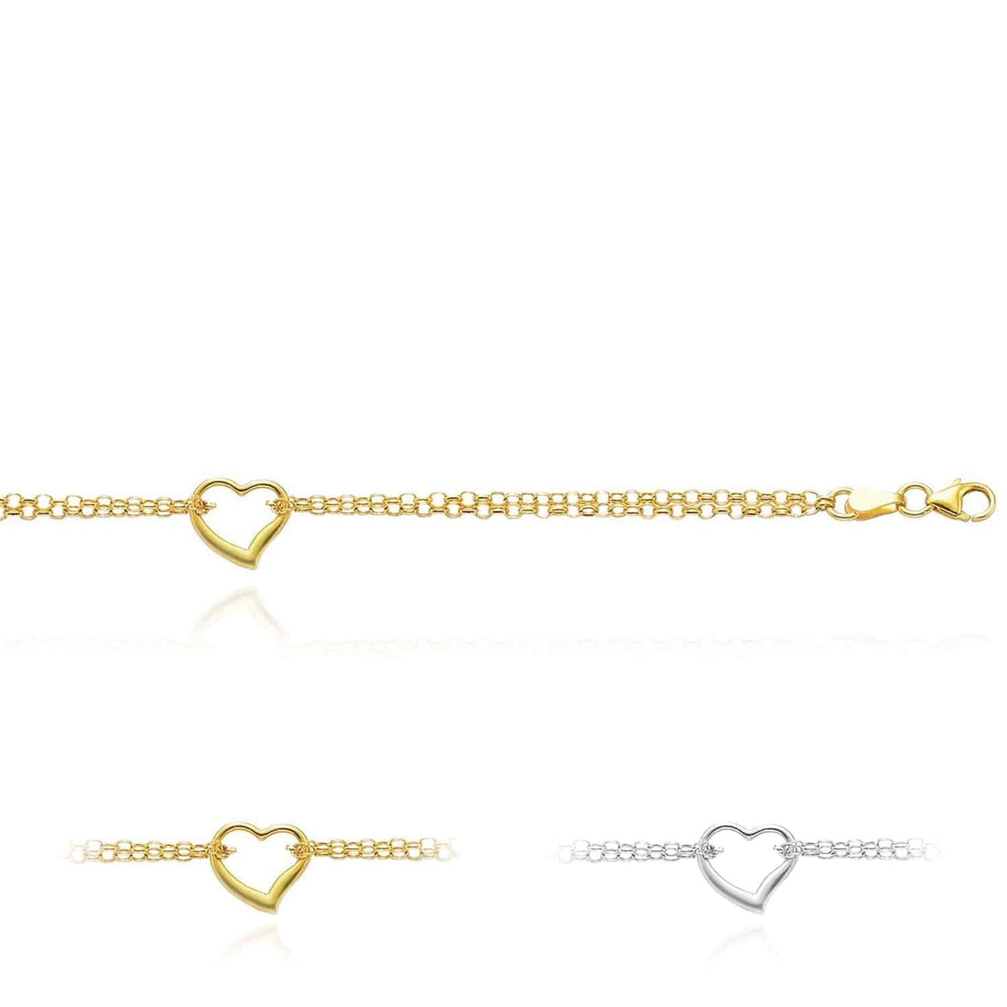 14K Gold Yellow White Double Open Heart Anklet Bracelet 10"