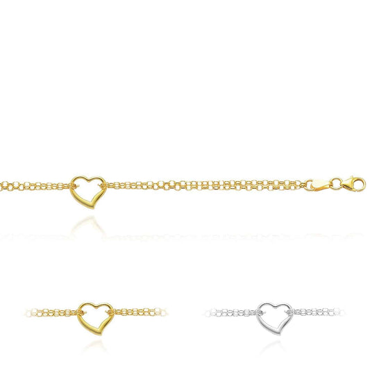 14K Yellow White Gold Double Open Heart Anklet (Hollow) 10"