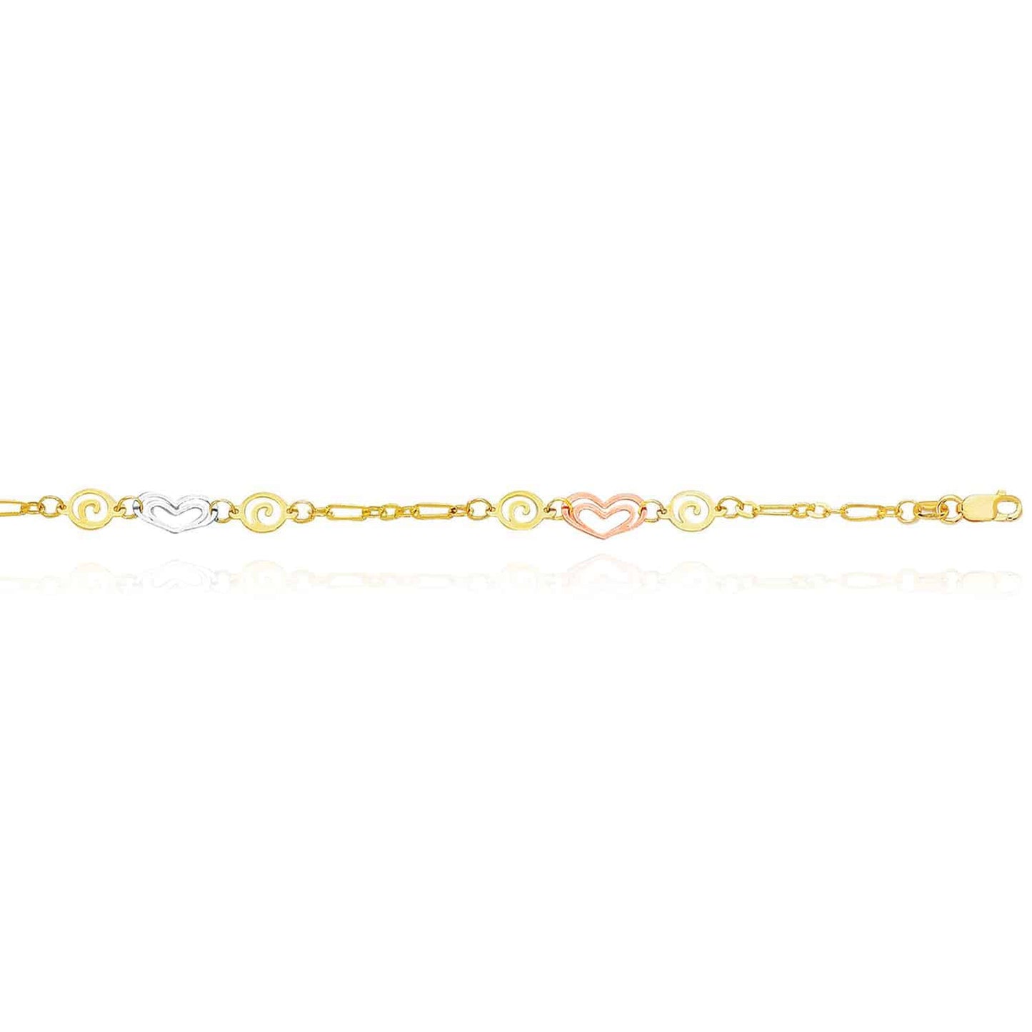 14K Gold Tri-Color Yellow Rose White Hearts Swirl Anklet Bracelet 10"