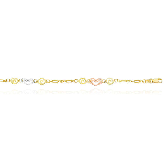 14K Tri-Color Gold Hearts Swirl Anklet (Solid Links) 10"