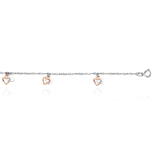 14K Rose White Gold Dangle Heart Anklet (Hollow) 9"-10" Adjustable