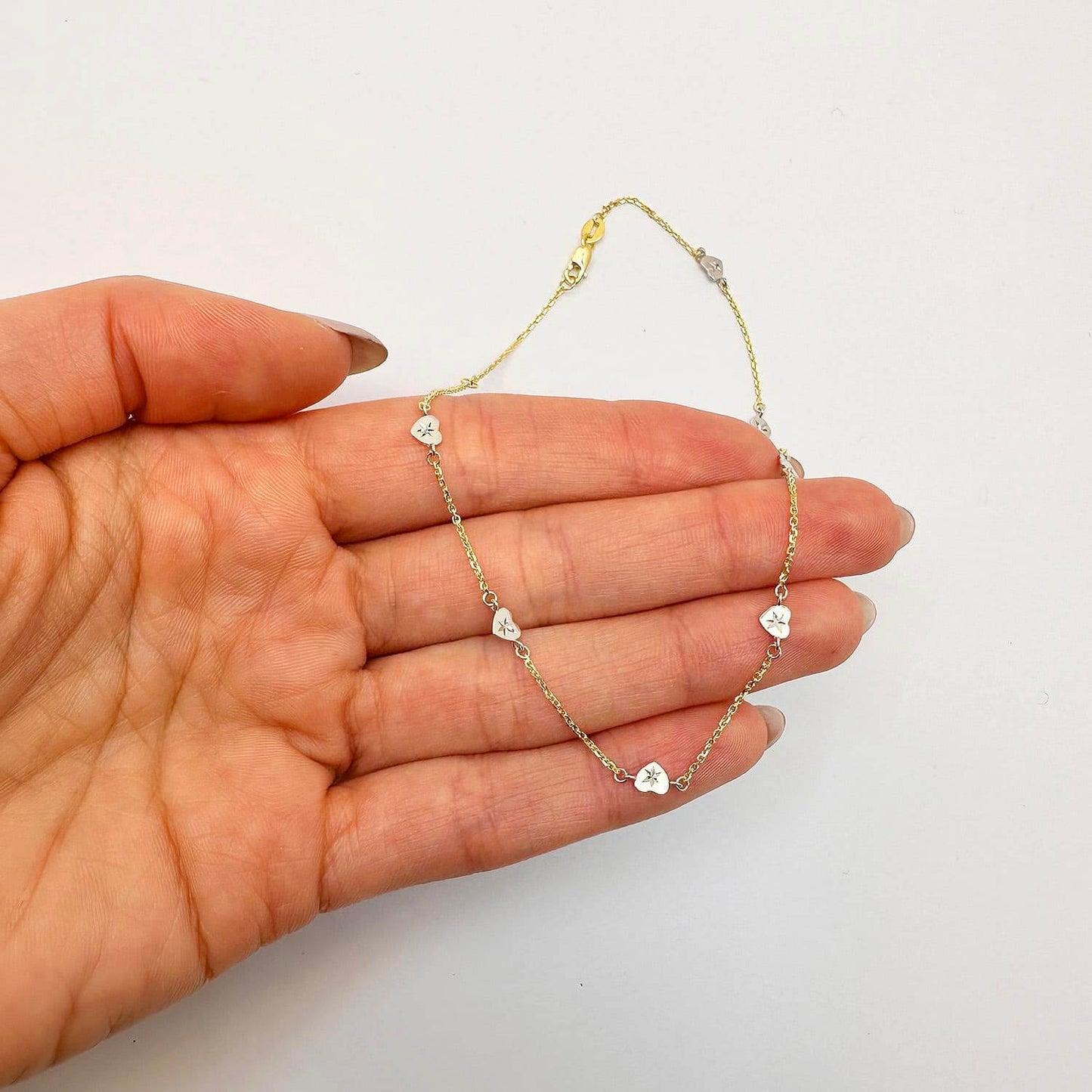 14K Gold Two-Tone Yellow White Diamond-Cut Hearts Station Anklet Bracelet 9"-10"
