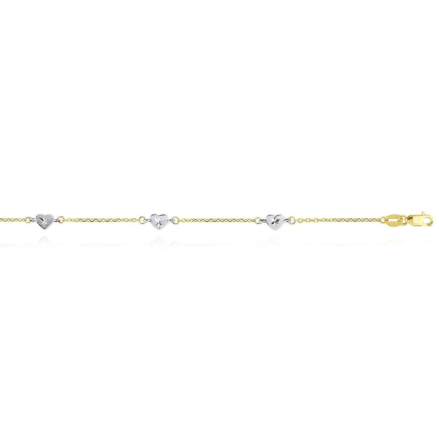 14K Gold Two-Tone Yellow White Diamond-Cut Hearts Station Anklet Bracelet 9"-10"