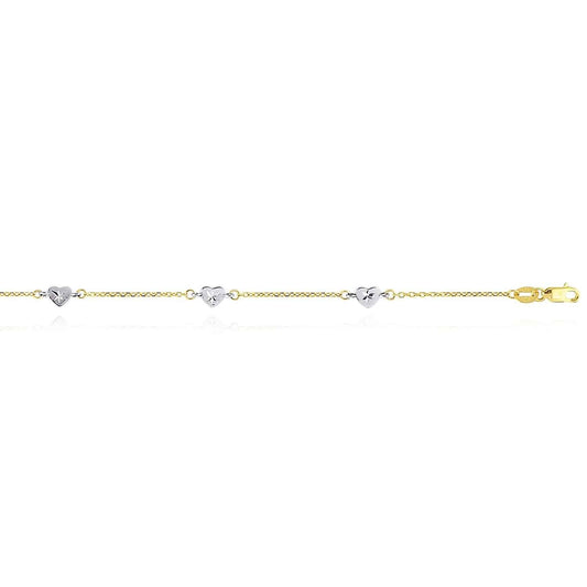 14K Yellow White Gold Diamond-Cut Hearts Station Anklet (Hollow) 9"-10"