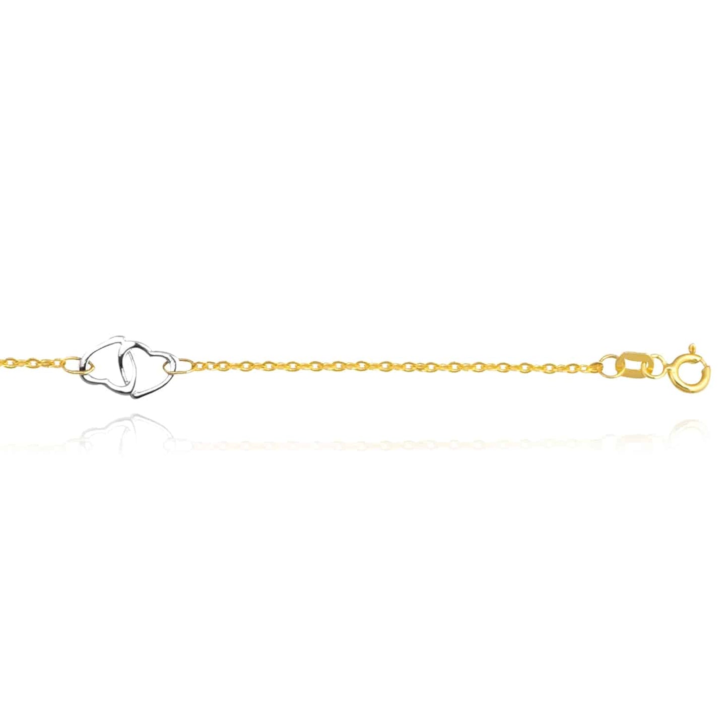 14K Gold Two-Tone Yellow White Interlocking Hearts Anklet Bracelet 9"-10" Adjust