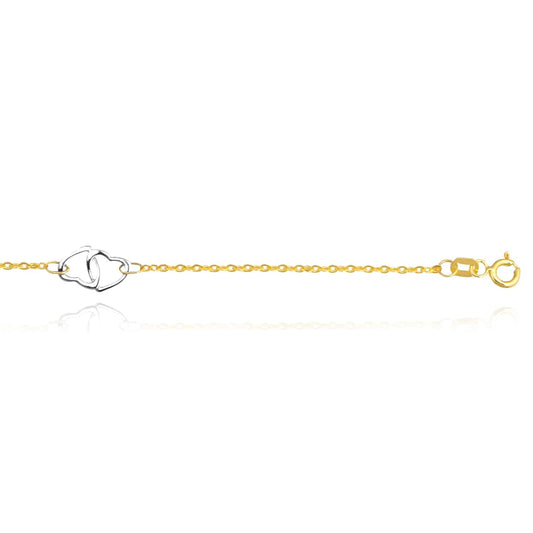 14K Yellow White Gold Interlocking Hearts Anklet (Hollow) 9"-10" Adjustable
