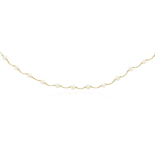 14K Gold Pearl Station By The Yard Scalloped Curved Necklace (Solid Links) 17"