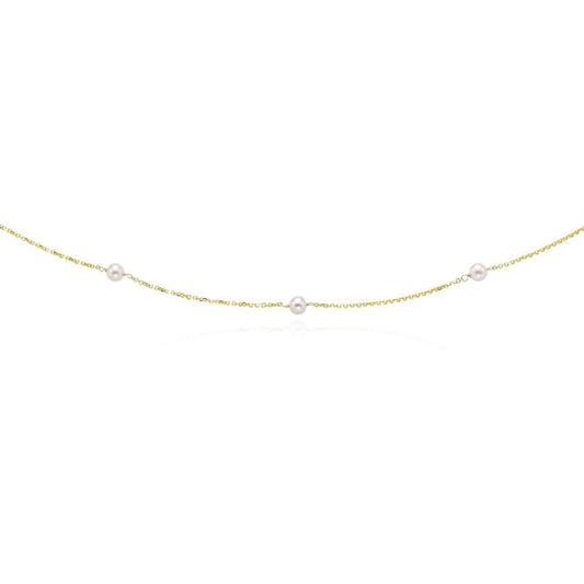 14K Gold 4.5mm Pearl Station By The Yard Cuban Necklace (Hollow) 16"-18"