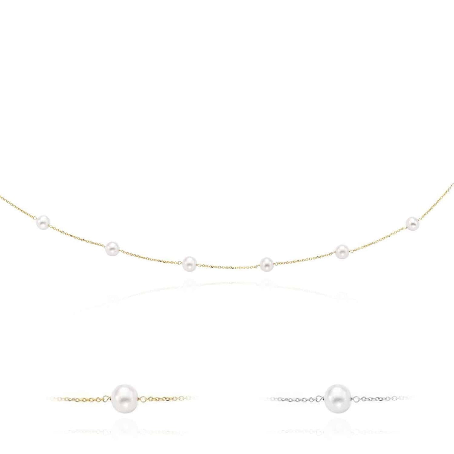 14K Gold 6.5mm Pearl Station By The Yard Cuban Necklace 16"-18"
