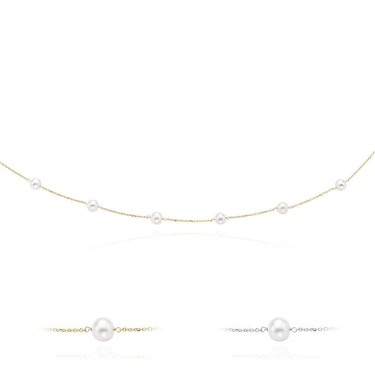14K Gold 6.5mm Pearl Station By The Yard Cuban Necklace (Hollow) 16"-18"