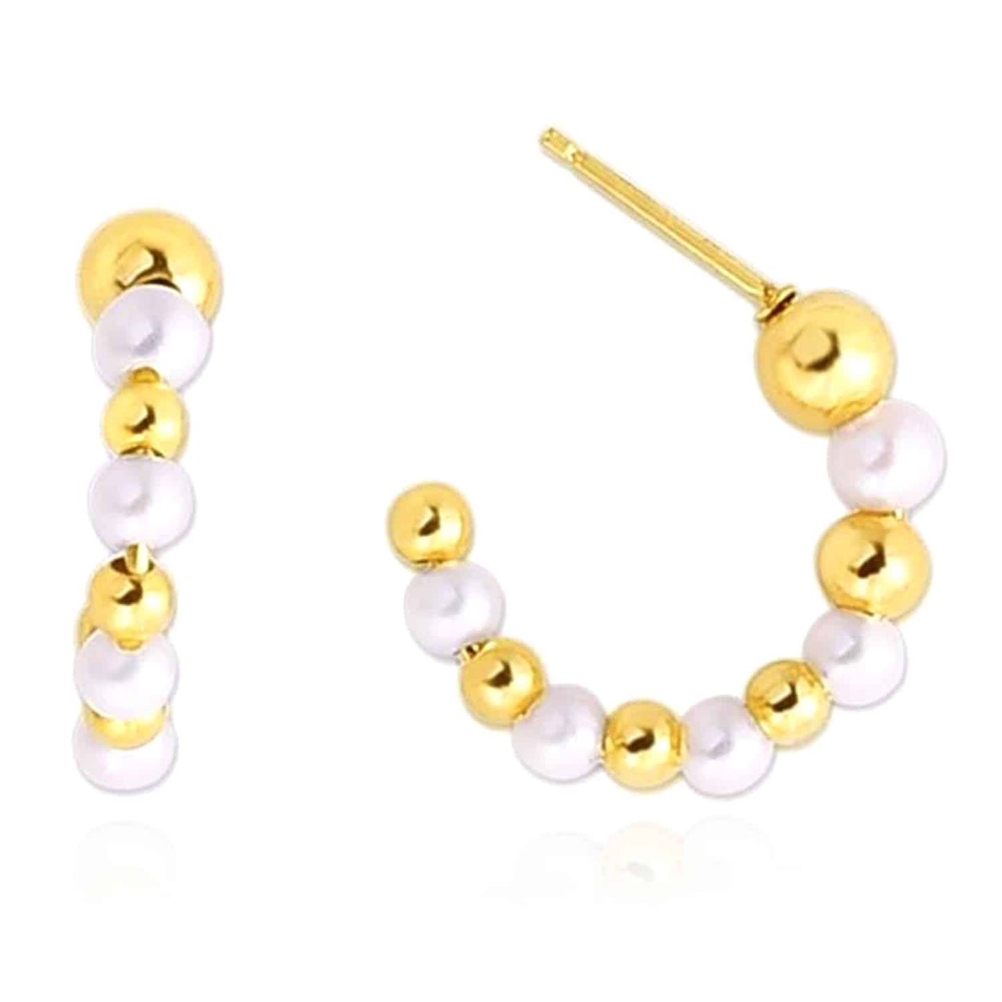 14K Gold Pearl Beads C Shape Stud Hoop Earrings 20mm