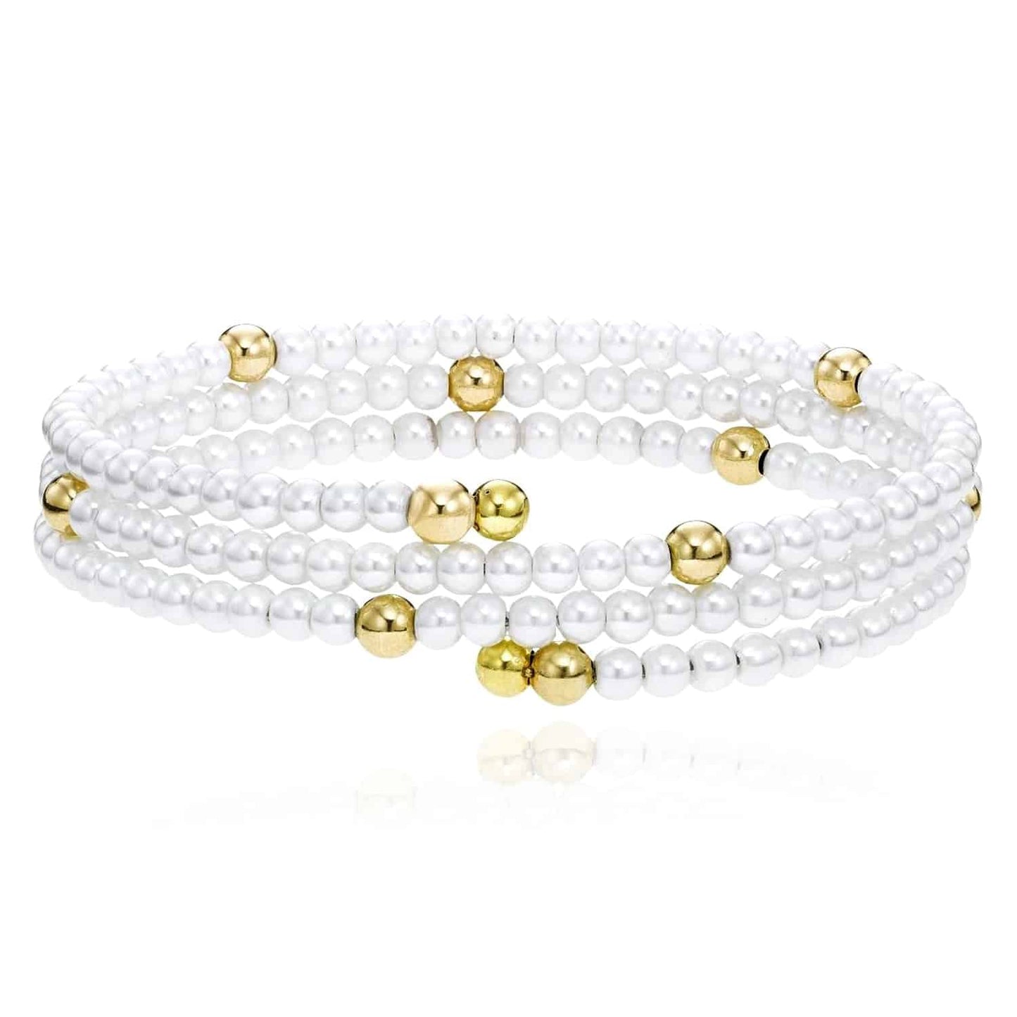 14K Gold Yellow Real Freshwater Pearl Layered Bead Coil Bangle Bracelet