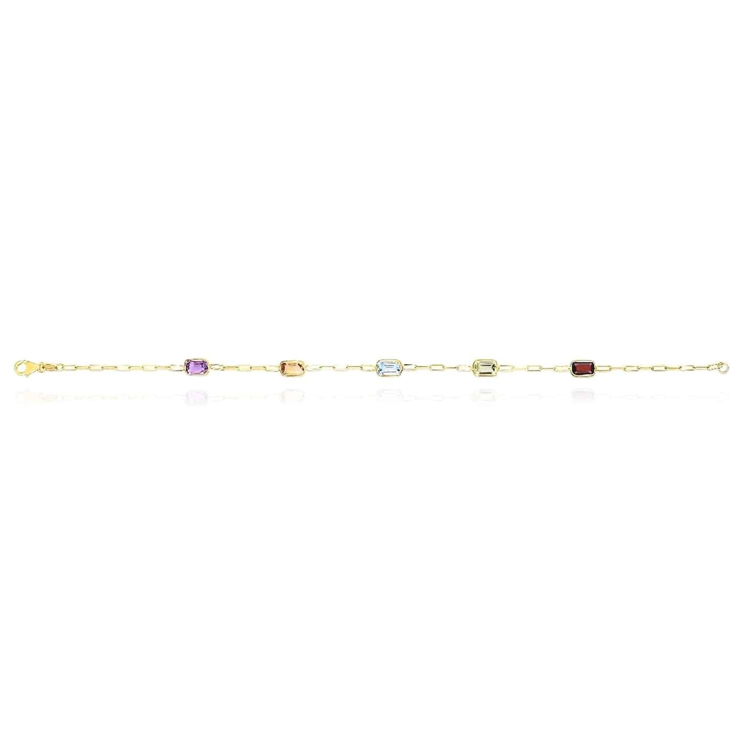14K Gold Yellow Baguette-Cut Multi Color Gemstones Paperclip Bracelet 7"