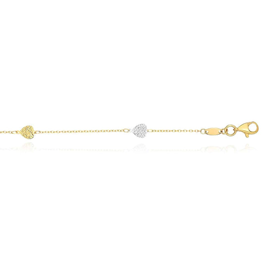 14K Two-Tone Gold Diamond-Cut Heart Stations Anklet (Hollow) 9"-10" Adjustable