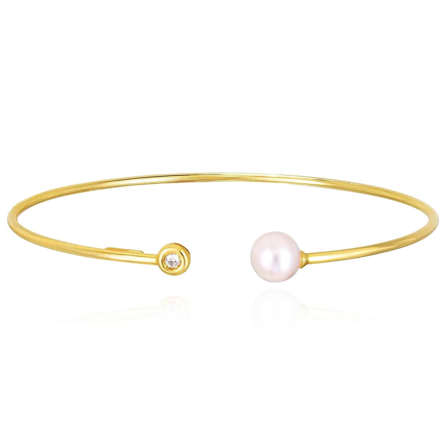 .35CT Real Diamond 14K Gold Yellow 7mm Freshwater Pearl Open Cuff Bangle