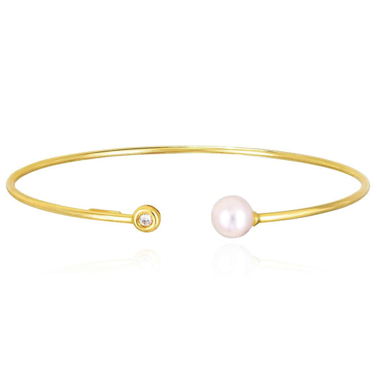 0.35CT Natural Diamond 14K Yellow Gold 7mm Freshwater Pearl Open Cuff Bangle (Solid Links)
