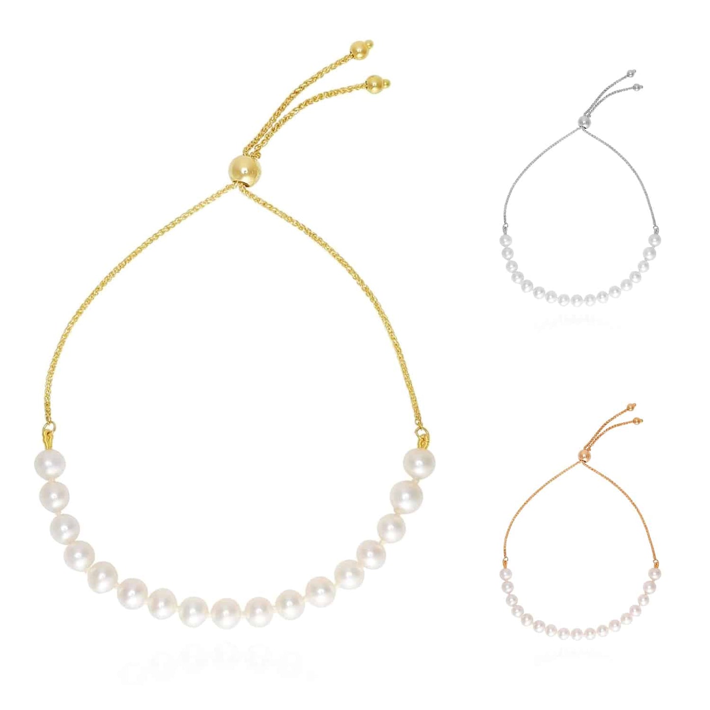 14K Gold Yellow White Rose 5mm Cultured Pearl Bolo Bracelet 9.25" Adjustable