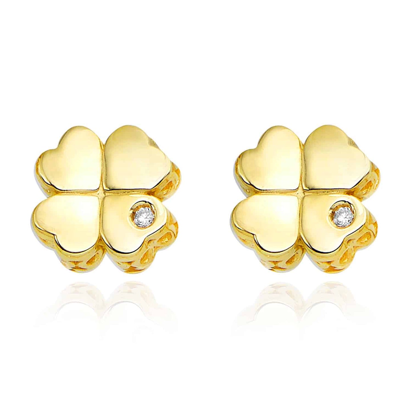 Real Diamond 14K Gold Clover Leaf Stud Earrings 7mm