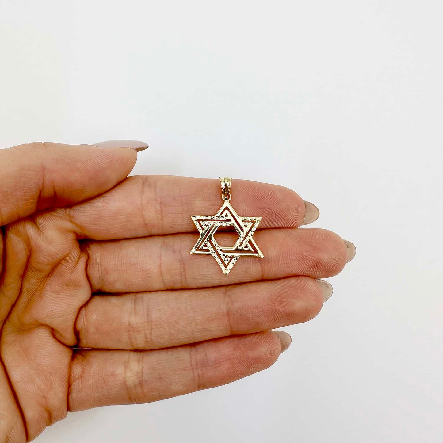 Real 14K Gold Diamond-Cut Textured Double Row Star of David Charm Pendant 1"