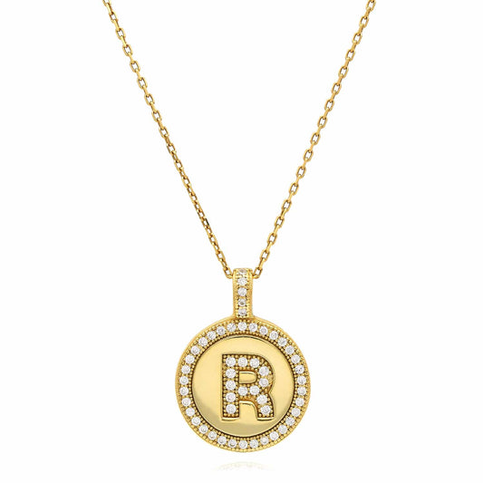 18K Yellow Gold Over Silver CZ Round Initial Pendant Necklace 18"