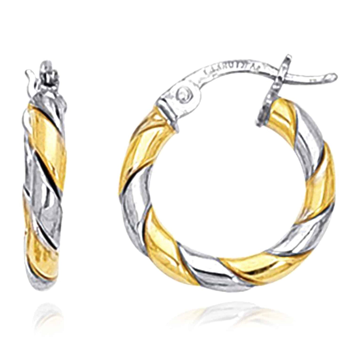 14K Gold Two-Tone Yellow White Twisted Hoop Earrings 15mm