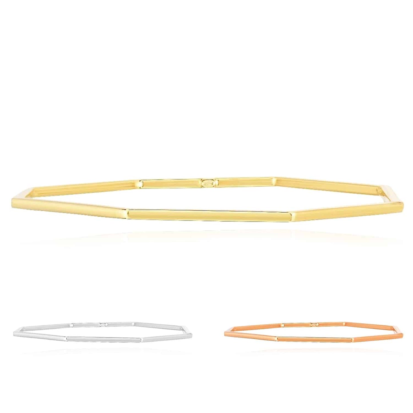 14K Gold Yellow White Rose 2mm Octagon Honeycomb Claspless Bangle Bracelet 7.5"