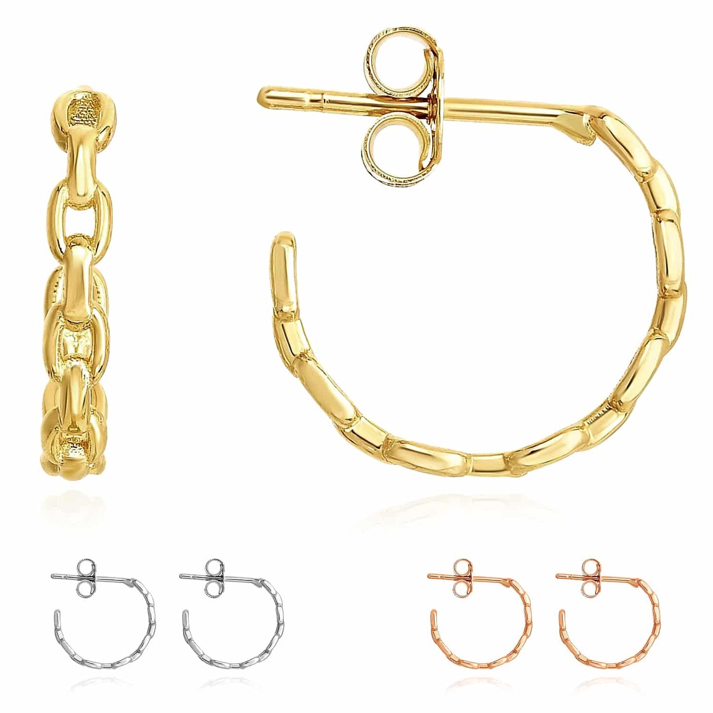 14K Gold Yellow White Rose Puffed Cable Push Back Hoop Earrings 14mm