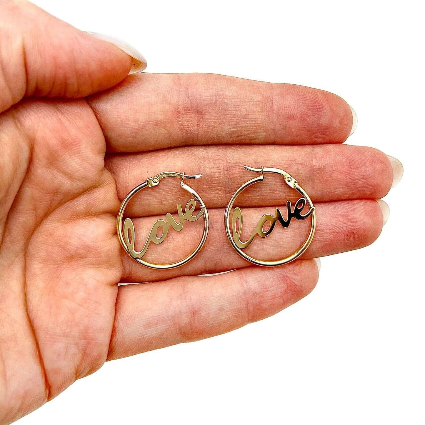 14K Gold Hoop Hinged LOVE Earrings 24mm