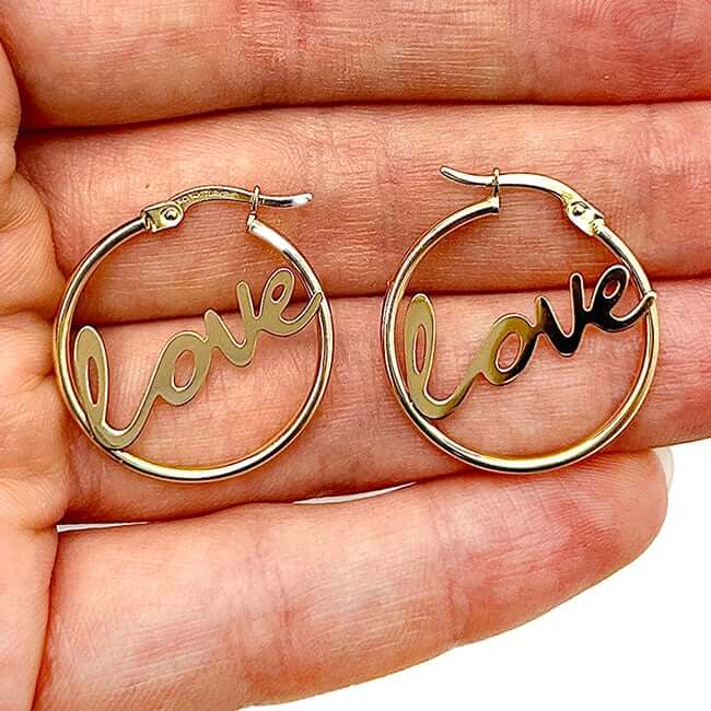 14K Gold Hoop Hinged LOVE Earrings 24mm